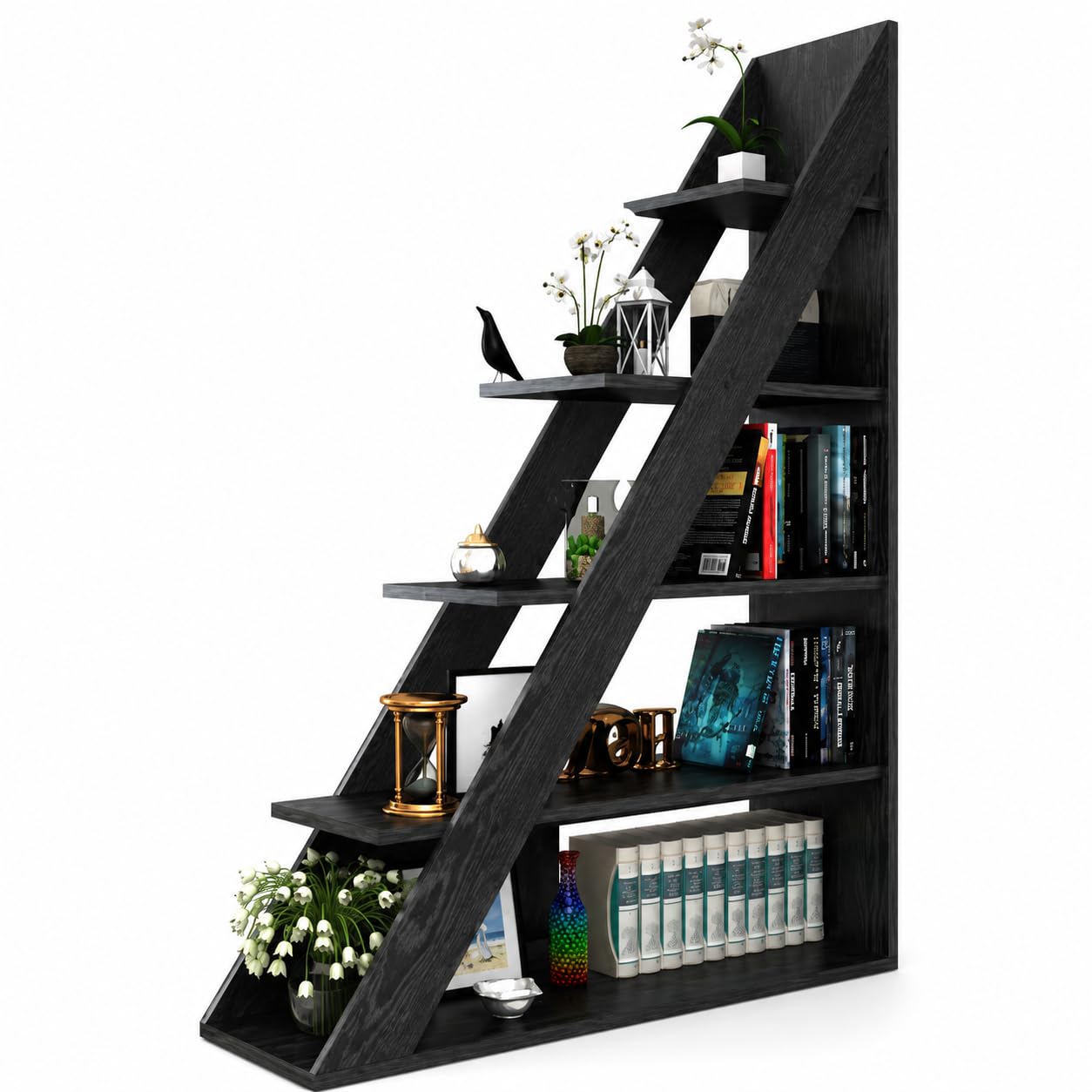 Ladder Bookshelf, 5-Tier Industrial Bookcase with Storage Shelves, Modern Room Divider Bookcase, Freestanding Display Shelf for Living Room, Bedroom, Home Office, Black Wood Grain, 39.4" W x 70.9" H