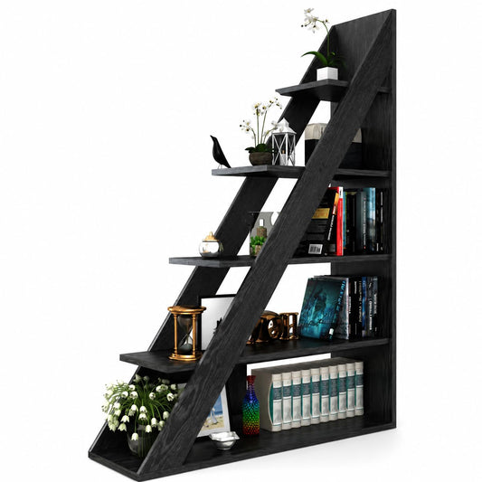 Ladder Bookshelf, 5-Tier Industrial Bookcase with Storage Shelves, Modern Room Divider Bookcase, Freestanding Display Shelf for Living Room, Bedroom, Home Office, Black Wood Grain, 39.4" W x 70.9" H