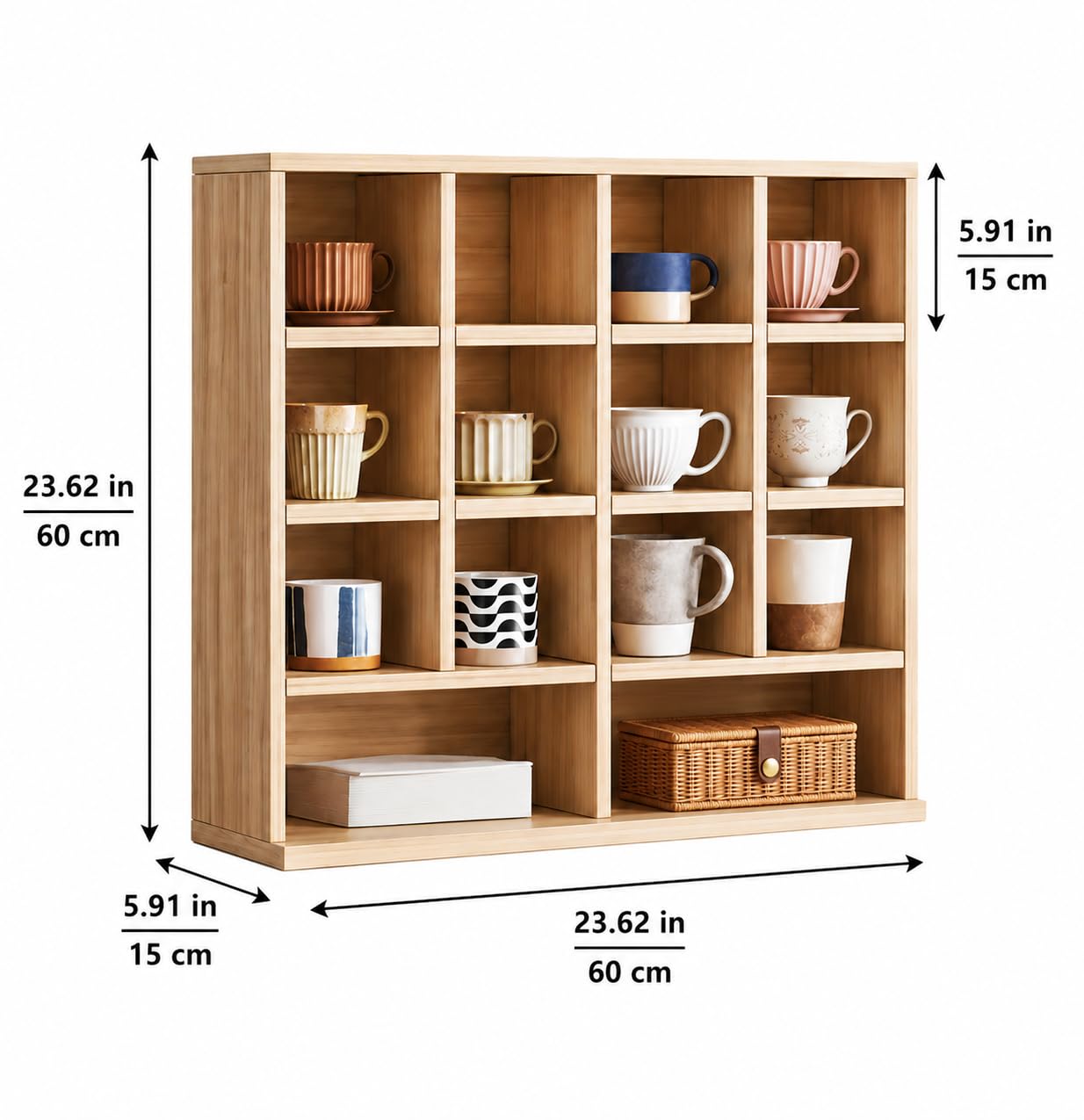 Wooden Display Shelf Organizer, 14 Cube MDF Countertop Storage Rack for Coffee Mugs, Figures, Collectibles, Bonsai & Home Decor, 23.6 x 23.6 x 5.9 Inch, Rustic Oak