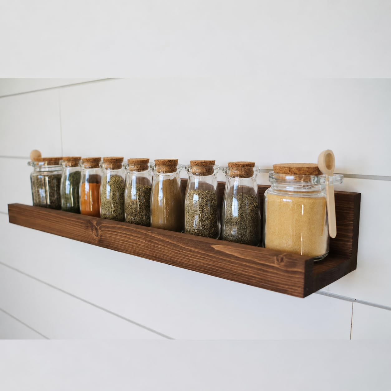 24-Inch Rustic Wooden Floating Shelf, Wall Mounted Spice Rack Organizer for Kitchen & Studio Decor, Premium Pine Wood Lipped Ledge Shelf with Protective Coating, Brown (Includes Hardware)