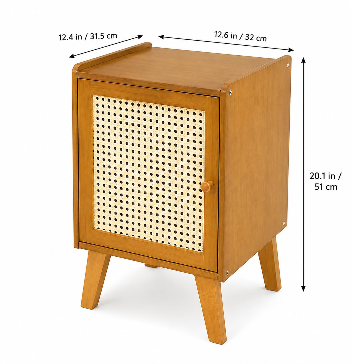 Rattan Nightstand with Door, Wooden Bedside Table, Mid Century Modern End Table with Storage Cabinet, Japandi Scandinavian Accent Side Table for Bedroom, Living Room, Small Spaces, Oak Finish