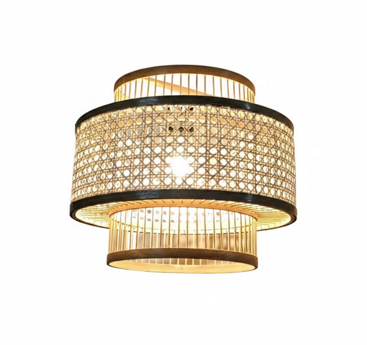Round Oriental Bamboo Rattan Lamp Shade Natural Rattan Chandelier Lampshade Handmade Woven Vintage Farmhouse Wicker Ceiling Light Cover for LED bulbs 14.17in x 12.59in (36 x 32cm)