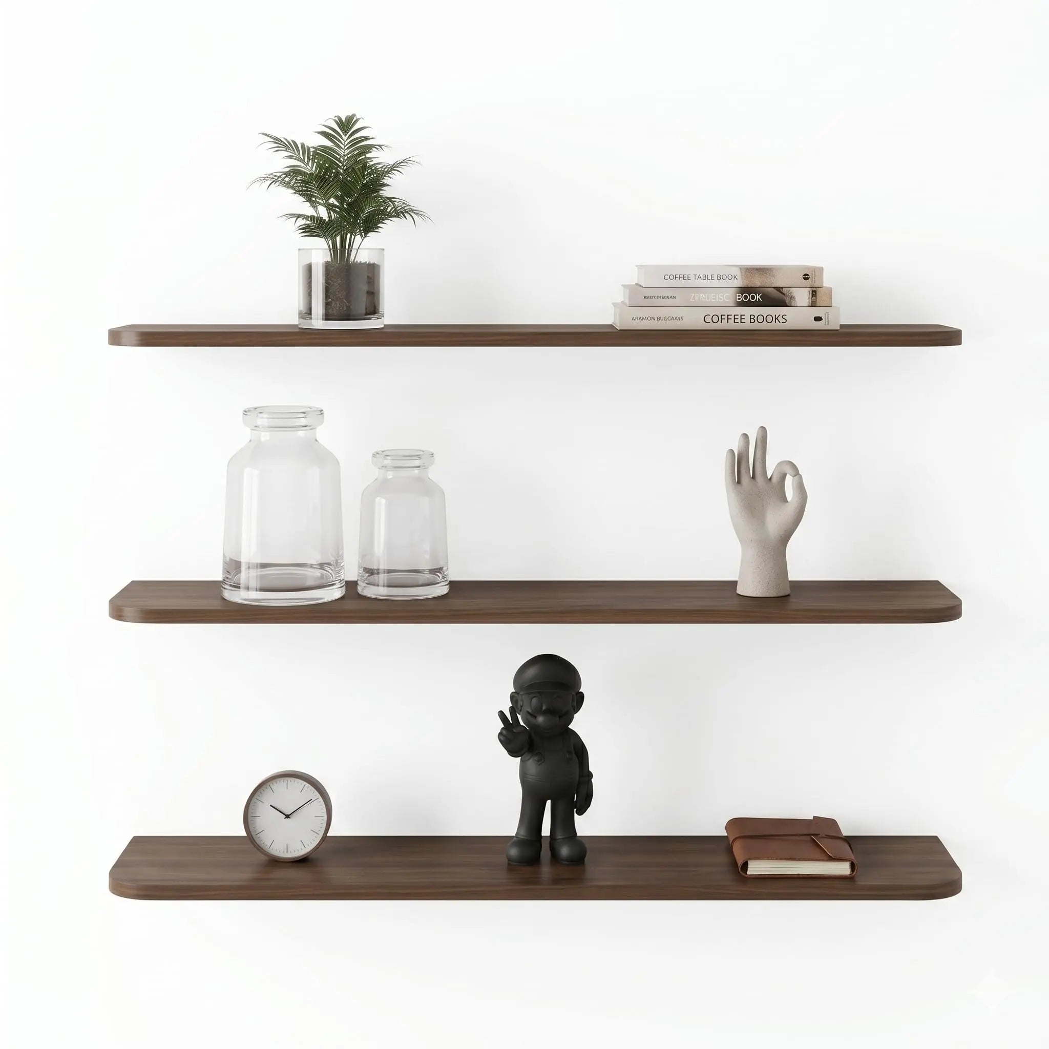 Kikbo Floating Wall Shelf Set of 3 Shelves – 31.5" (80 cm) Wide, 5.9" (15 cm) Deep, 0.67" Thick Strong MDF, Hidden Mount, Rounded Corners Modern Stylish and Sleek, Space Saving Design