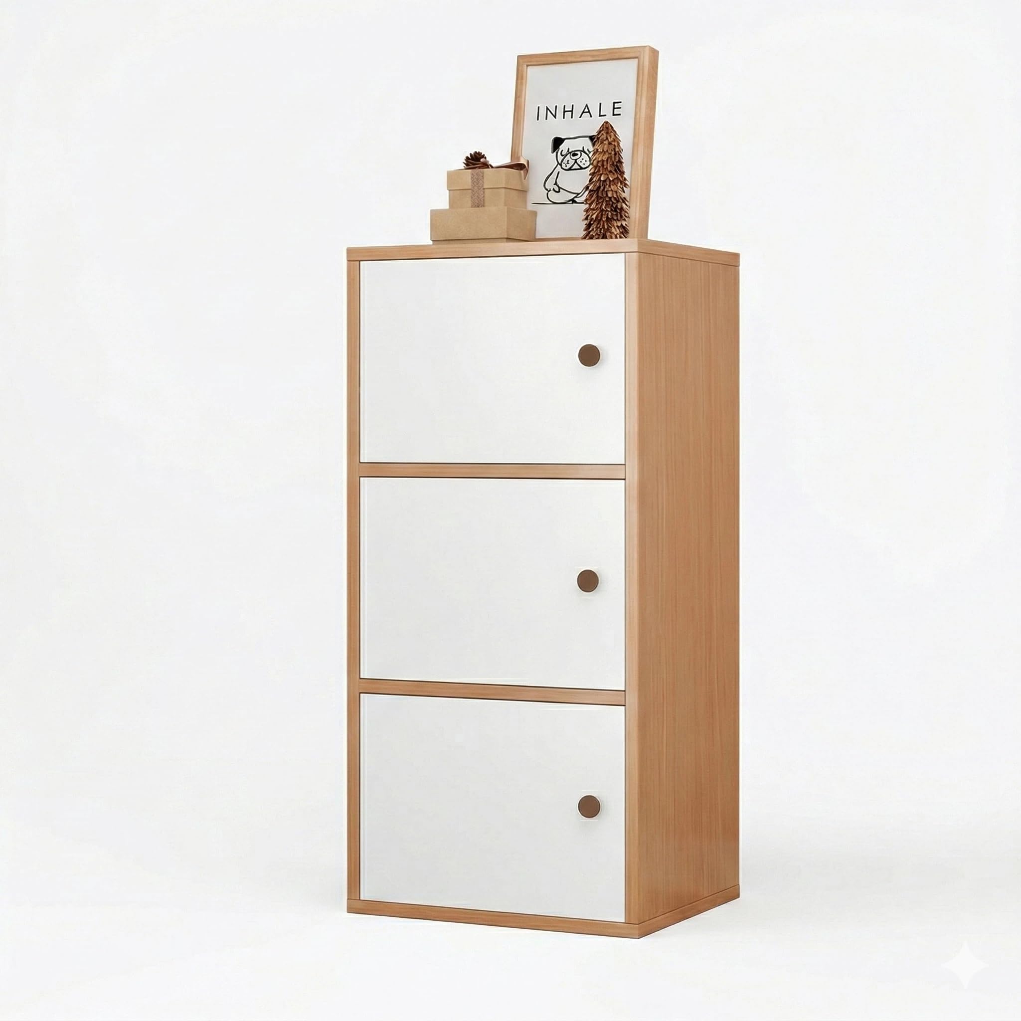 Kikbo 3-Drawer Storage Cabinet, Slim MDF Wooden Organizer Chest for Bedroom or Living Room, Narrow Freestanding Cabinet, 15.7” W x 9.4” D x 35.4” H, Oak and White