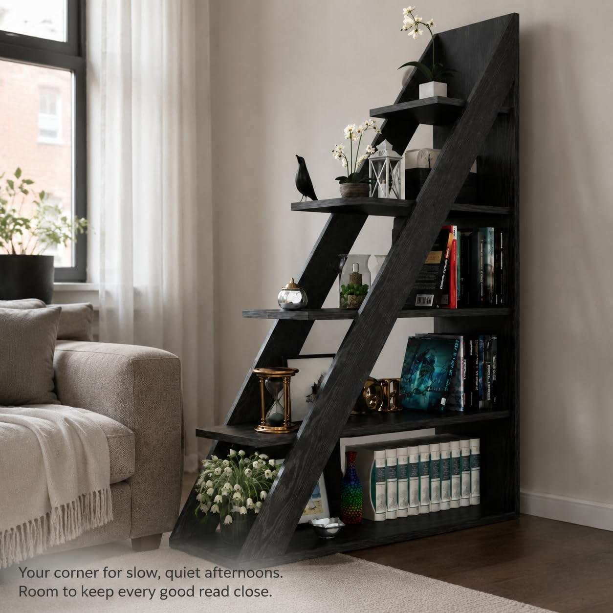Ladder Bookshelf, 5-Tier Industrial Bookcase with Storage Shelves, Modern Room Divider Bookcase, Freestanding Display Shelf for Living Room, Bedroom, Home Office, Black Wood Grain, 39.4" W x 70.9" H