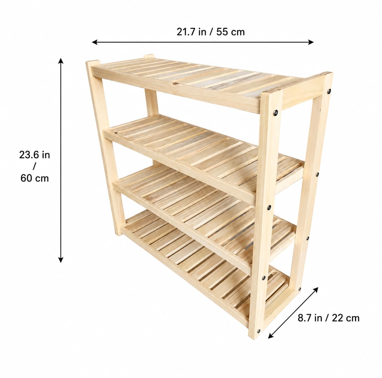 4-Tier Solid Pine Wood Shoe Rack Organizer, 19.7 Inch Entryway Shoe Storage Shelf, Freestanding Wooden Shoe Stand for Closet, Hallway, Bedroom and Living Room