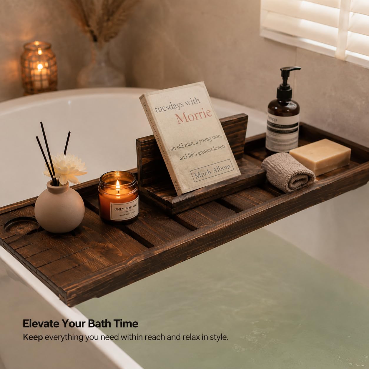 Wooden Bathtub Caddy Tray, Expandable Bath Tub Tray with Tablet & Phone Holder, Wine Glass Slot, Spa Bath Tray Organizer for Book, Candle & Bathroom Accessories