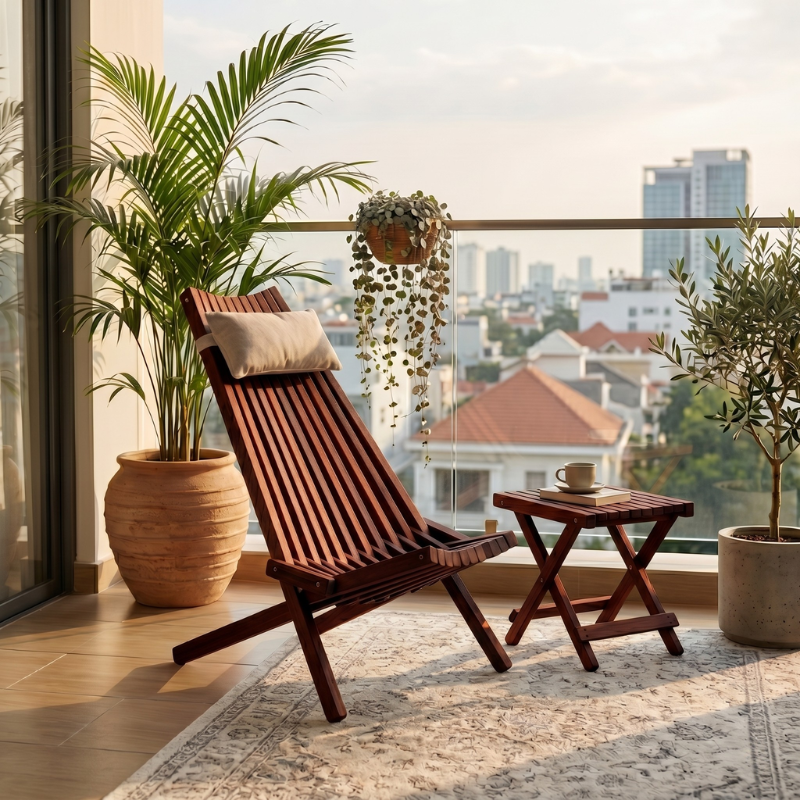 Modern Acacia Wood Folding Chair – Weather-Resistant Outdoor Tamarak Lounge Seat – Portable Space-Saving Wooden Chair for Patio, Balcony, Lawn & Camping – Fully Assembled