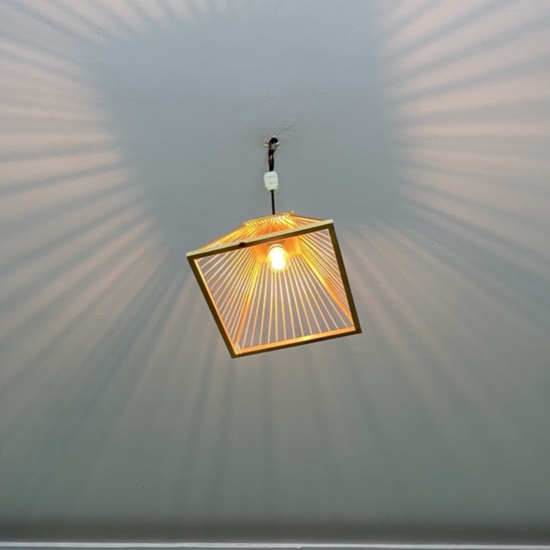 Set of 6 Bamboo & Wood Pendant Light Shades – Square Hat Design (Nón Vuông) | Handcrafted Natural Hanging Lamps for Café, Restaurant, or Homestay Decor