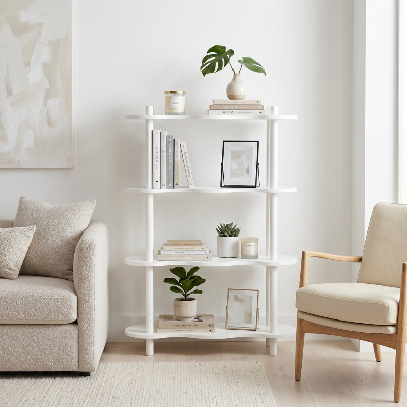 White Wavy Wood Display Shelf – 4-Tier Decorative Storage Rack with Curved Wave Design – Boho Accent Bookshelf & Plant Stand for Bedroom, Living Room & Nursery