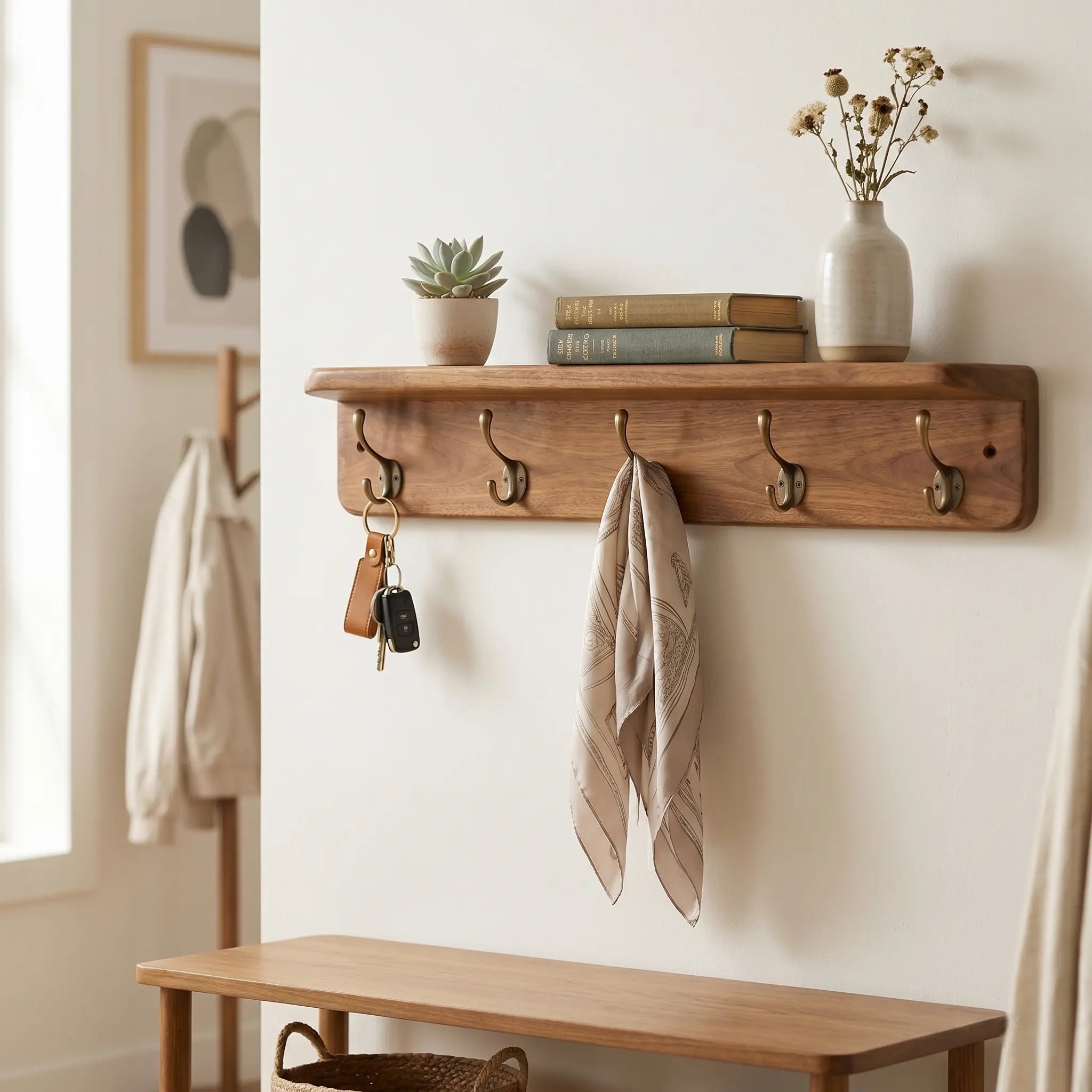 Wall Mounted Coat Rack with Storage Shelf – 31.5 Inch Solid Wood Entryway Organizer – Decorative Hanging Rail with 5 Hooks for Coats, Hats, Keys & Towels – Hallway, Bathroom & Mudroom Kikbo