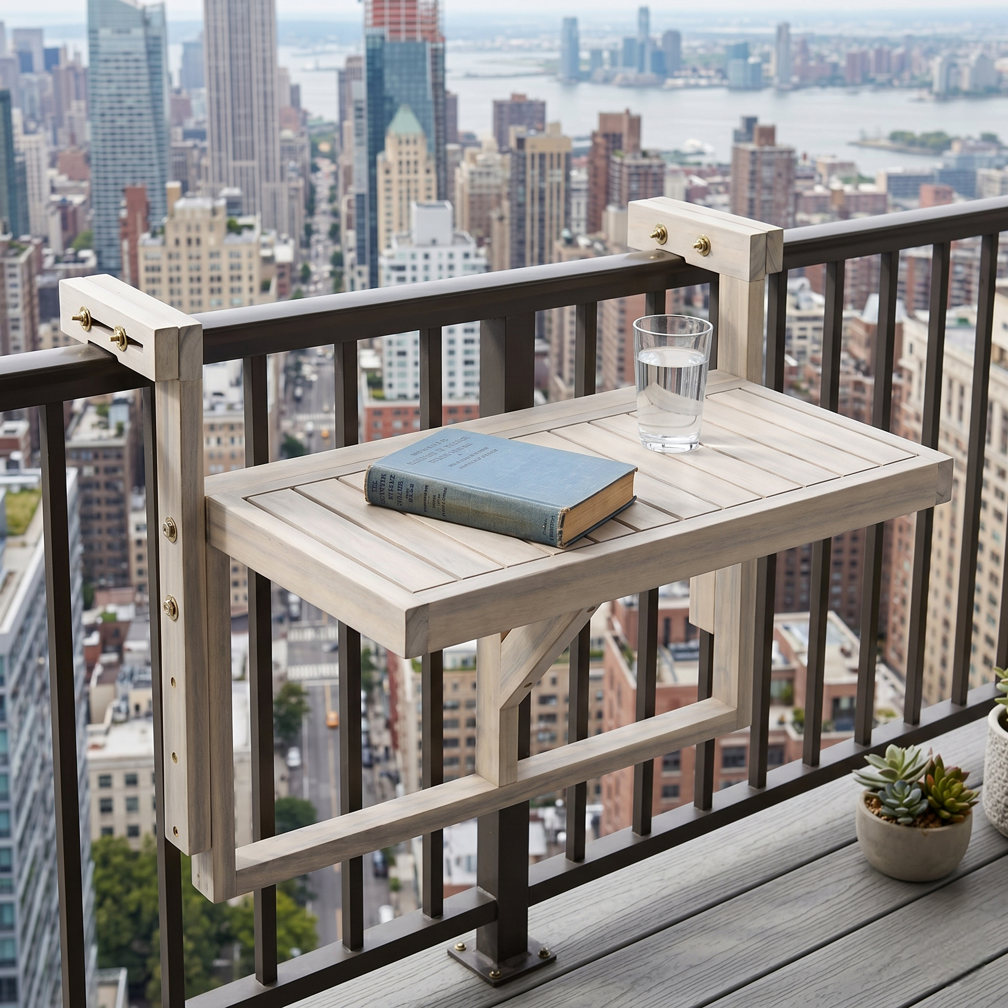 Acacia Wood Folding Balcony Hanging Table – Weather-Resistant Outdoor Railing Table – Adjustable Height & Width – Portable Deck Table for Small Balcony, Patio, and Porch – Rectangular