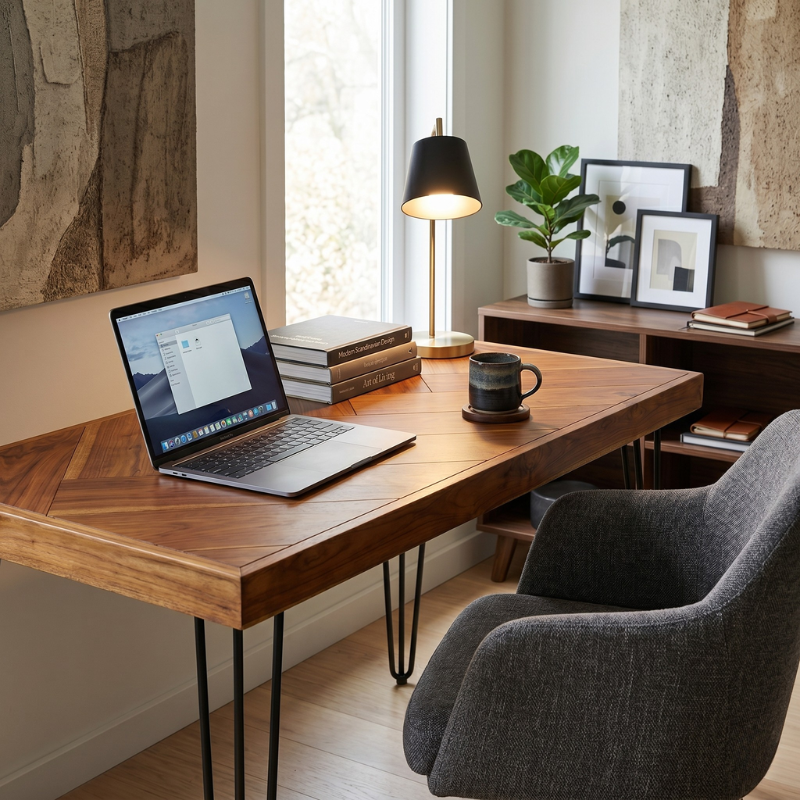 Rustic Herringbone Teak Wood Table – 48 Inch Premium Solid Teak Wood Desk for Home Office – Mid-Century Modern Dining Table & Executive Writing Desk – Natural Finish