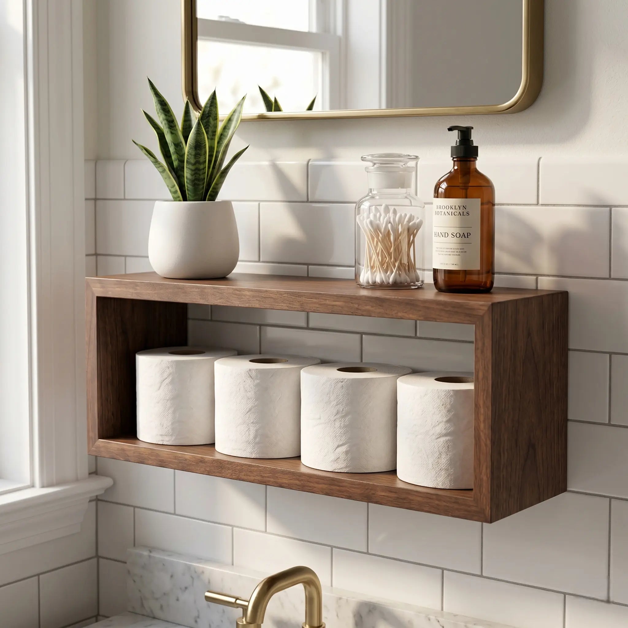 Wall Mounted Toilet Paper Holder Shelf - Floating Wood Bathroom Storage Box for 4 Mega Rolls - Rustic Decorative Recessed Shelving for Restroom Organization Kikbo