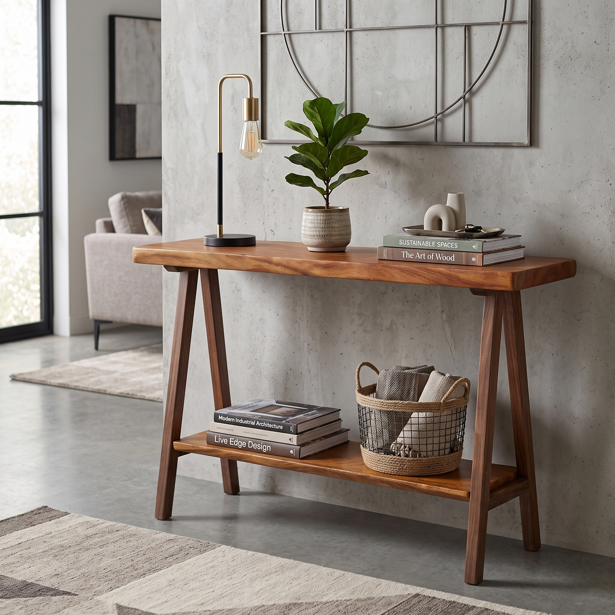 2-Inch Thick Live Edge Solid Wood Console Table – 2-Tier Entryway Table with Storage Shelf – Industrial V-Shaped Metal Legs Sofa Table for Living Room & Hallway Decor