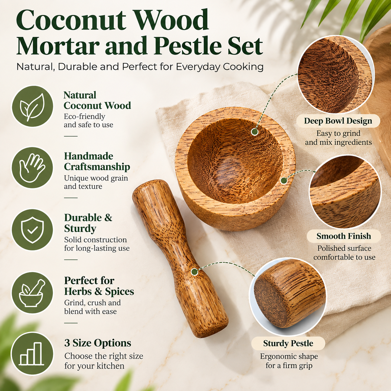 Coconut Wood Mortar and Pestle Set – Handmade Natural Herb Spice Grinder
