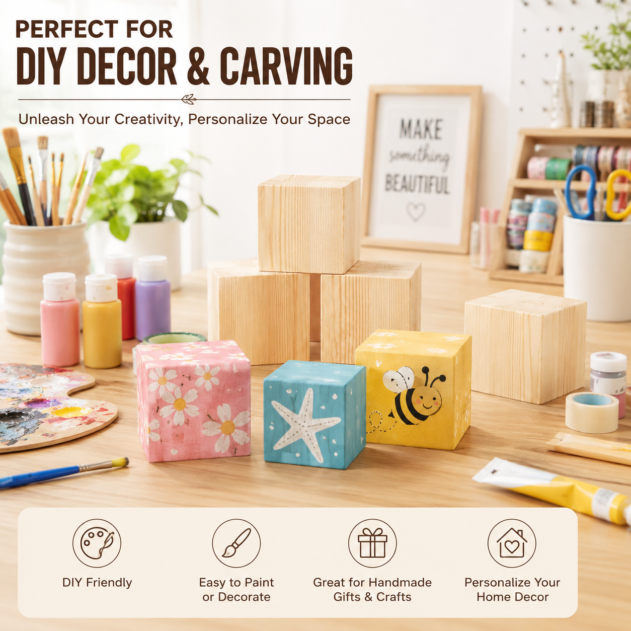 Natural Wood Blocks for Crafts 2,3,4 Inch, Pack of 24 Unfinished Wood Square Blocks for Crafts & DIY, Heavy-Duty Furniture Risers for Bed, Couch & Cabinet Legs, Decoration