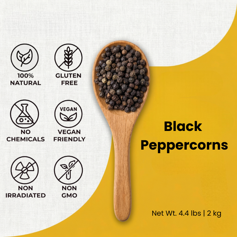 Whole Black Peppercorns - 100% Pure & Natural Black Pepper – 4.4 lbs/ 2kg Pound Bag for Grinders, Refills, and Culinary Use – Freshly Harvested, Non-GMO, and Gluten-Free