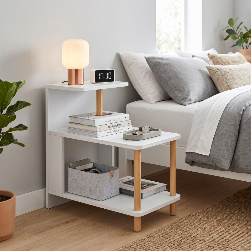Modern White 3-Tier Nightstand – MDF Bedside Table with Open Storage Shelves – Compact End Side Table for Bedroom, Living Room & Small Spaces – Easy Assembly - Kikbo