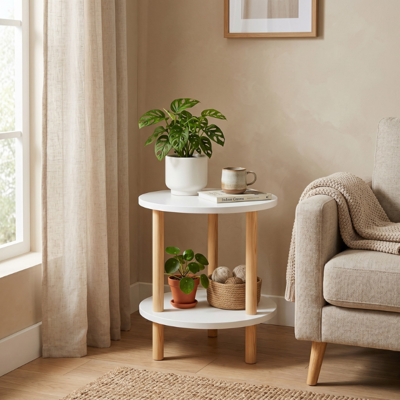 2-Tier Round End Table – Modern Wooden Nightstand for Bedroom – Versatile Sofa Side Table & Decorative Plant Display Shelf for Living Room – Easy Assembly
