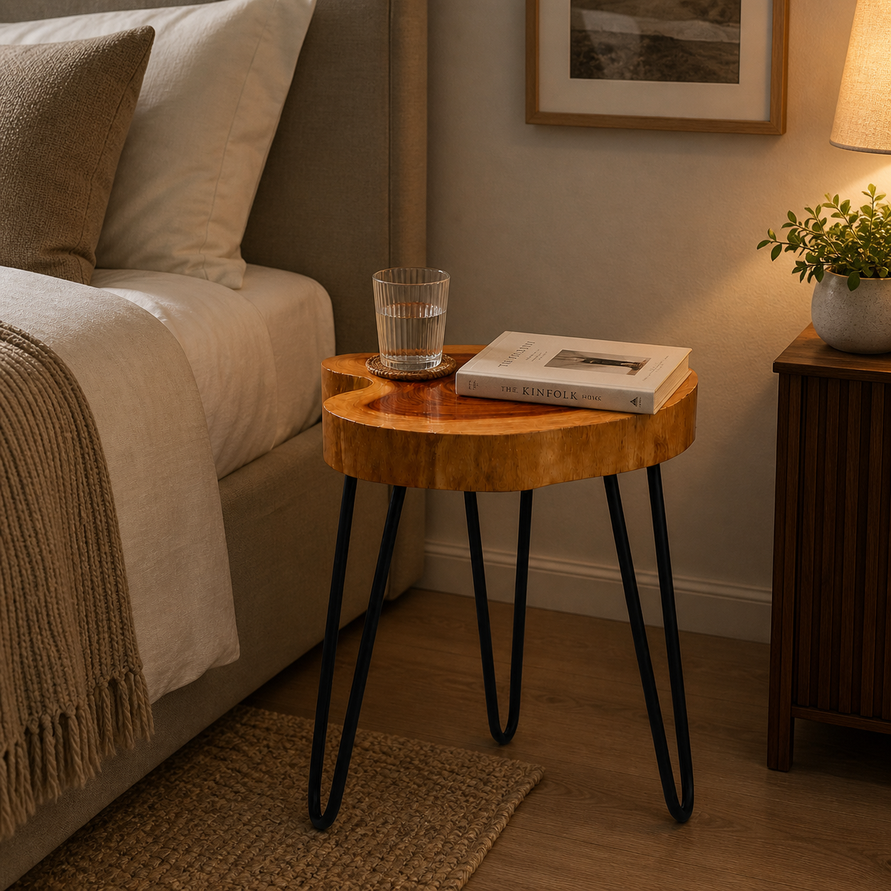 Live Edge Round Wood End Table – Solid Wood Side Table with Mid-Century Hairpin Legs – Unique Handmade Nightstand, Plant Stand for Bedroom, Living Room & Studio Decor