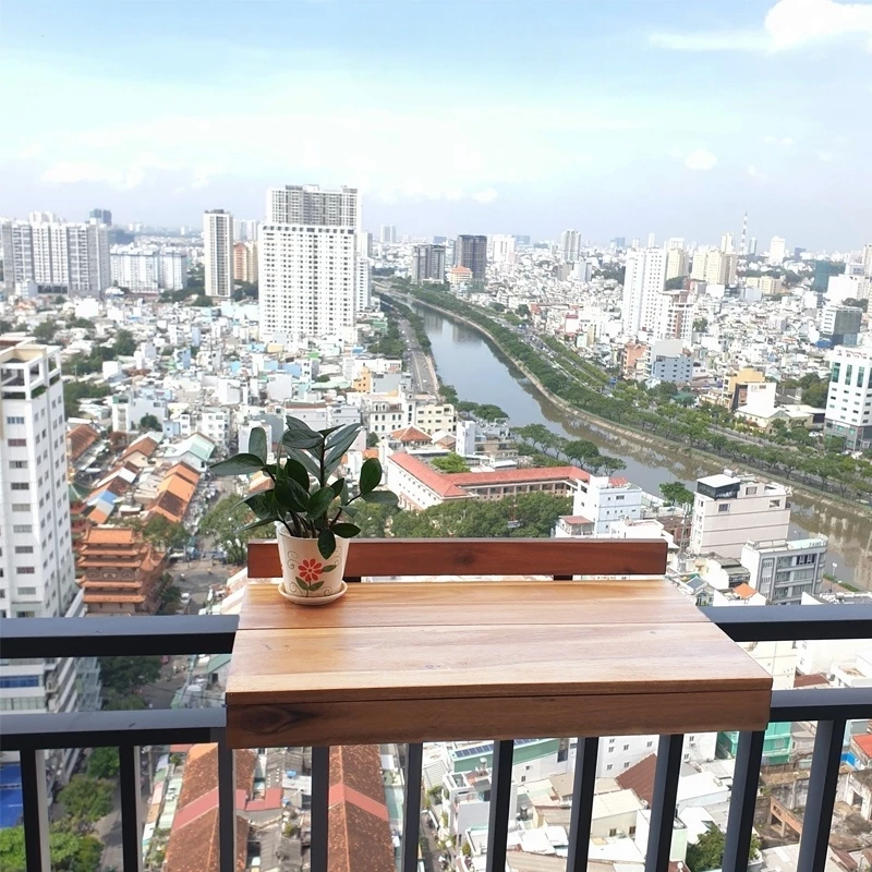 Acacia Wood Balcony Bar Table – Ultra-Stable Outdoor Railing Table – Universal Fit for Round & Flat Railings – Weather-Resistant Hanging Desk – Outdoor Bar Top for Apartment, Patio & Deck