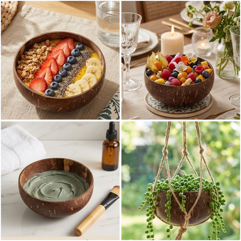 Natural Coconut Bowls and Wooden Spoons Set – Eco-Friendly Acai Bowls, Yogurt & Smoothie Bowl Kit – Handmade Coconut Shell Bowls for Vegan Gifts, Christmas & White Elephant Gifts – Ideal for Ninja Creami