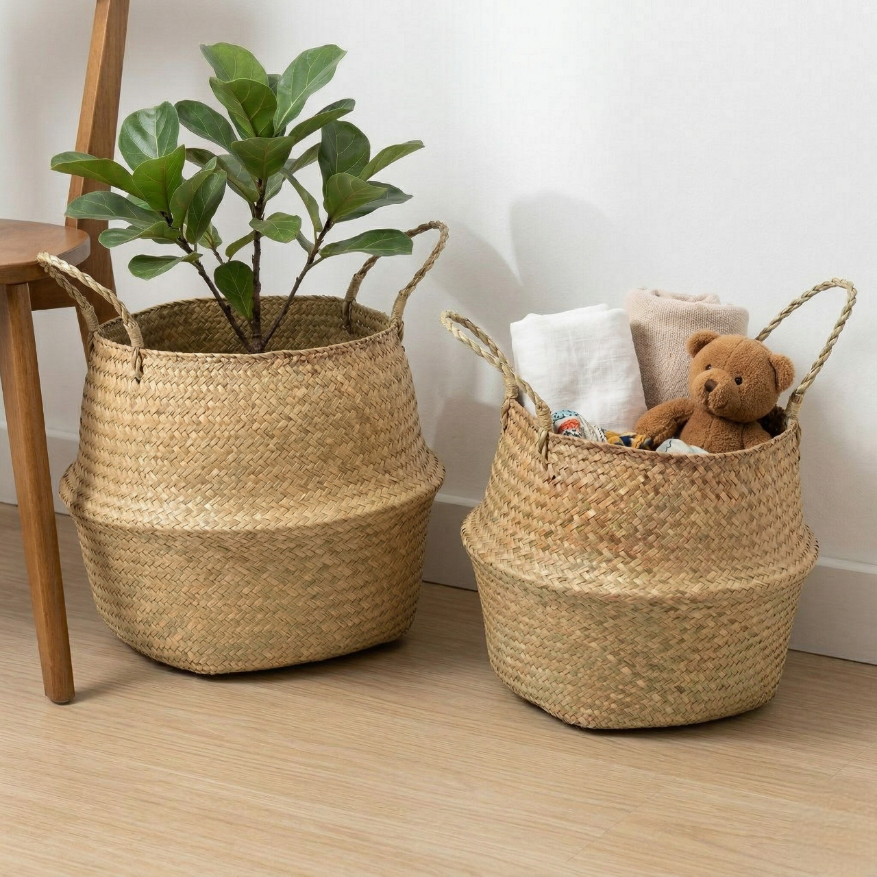 Natural Seagrass Belly Baskets 4pcs – Handmade Woven Plant Pot Holder – Foldable Storage Basket with Handles for Laundry, Picnic, Groceries and Boho Home Decor