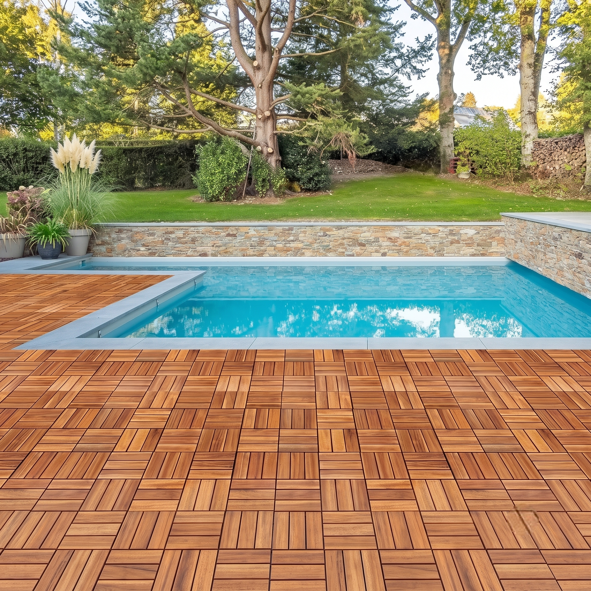 Premium Acacia Wood Deck Tiles – 12"x12"x0.9" Interlocking Patio Flooring in Golden Teak – Waterproof Crossed Pattern Wooden Pavers for Balcony, Backyard, Indoor & Outdoor