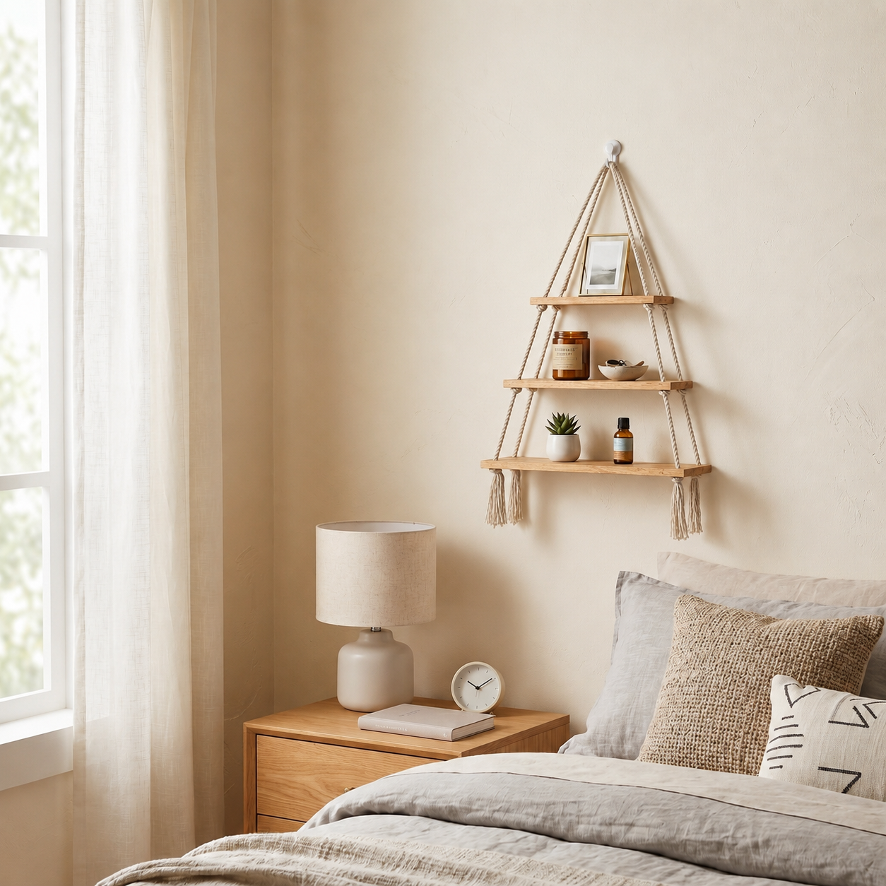 Hanging Wall Shelf – 3 Tier Handmade Cotton Rope Floating Shelves – Rustic Wood Decorative Storage Shelving for Living Room, Nursery, Bedroom & Bathroom – Display for Plants & Photos