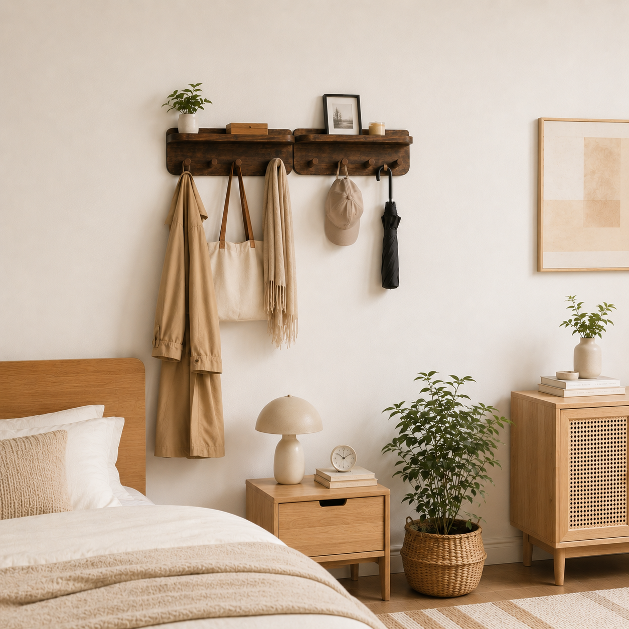 2-in-1 Wooden Wall Shelf & Hook Rack – Handcrafted Entryway Organizer – Premium Floating Shelf for Bathroom & Hallway – Heavy Duty Natural Wood Hanger for Bags & Decor