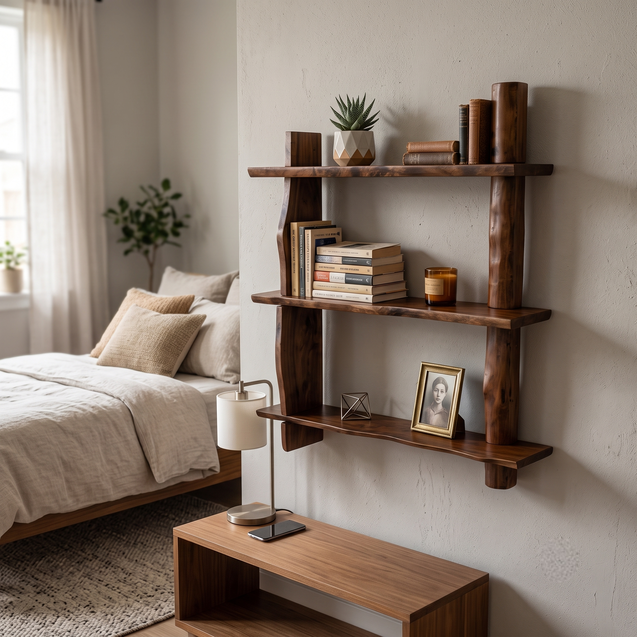 3-Tier Solid Wood Floating Shelf – 1.2 Inch Extra Thick Natural Timber Hanging Rack – Unique Rustic Wall Mounted Storage Organizer for Living Room, Bedroom & Cafe Decor