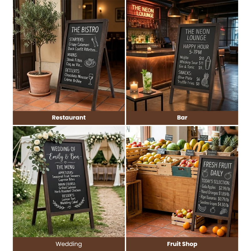 Rustic Chalkboard Sign – 32"x20" Single-Sided Wooden Menu Board – Standing Magnetic Blackboard for Cafés, Restaurants & Weddings – Compatible with Liquid Chalk Markers, Brown