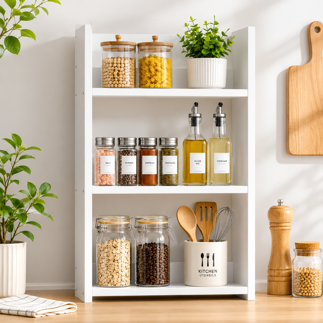 3-Tier Kitchen Spice Rack Organizer – Modern MDF Countertop Storage Shelf – Space-Saving Spice Holder & Pantry Cabinet Organizer for Seasoning Bottles, Jars & Oils, White