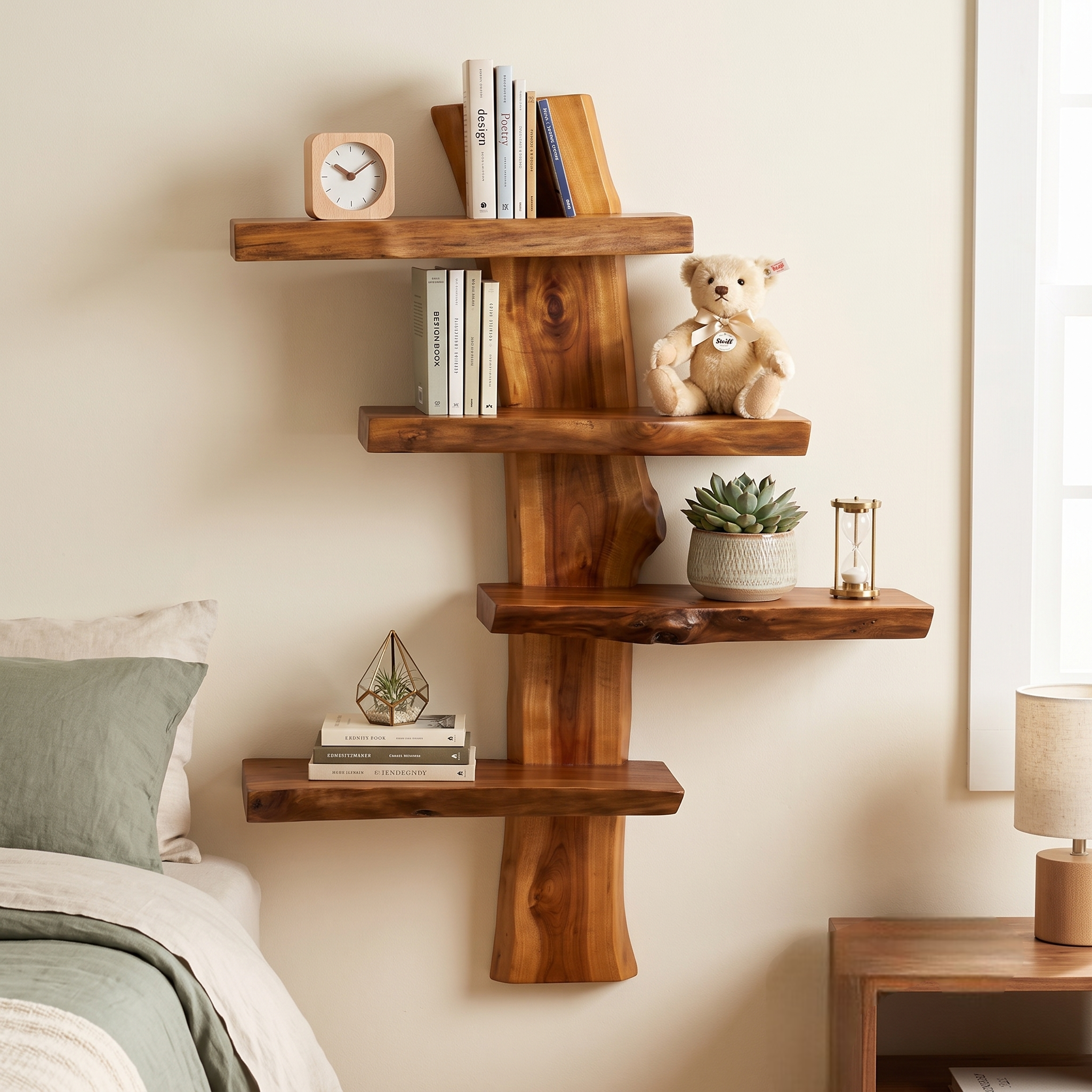 4-Tier Solid Wood Floating Wall Shelf – Multi-Layer Natural Timber Hanging Rack – Unique Decorative Storage Organizer Bookshelf for Living Room, Bedroom & Office Decor