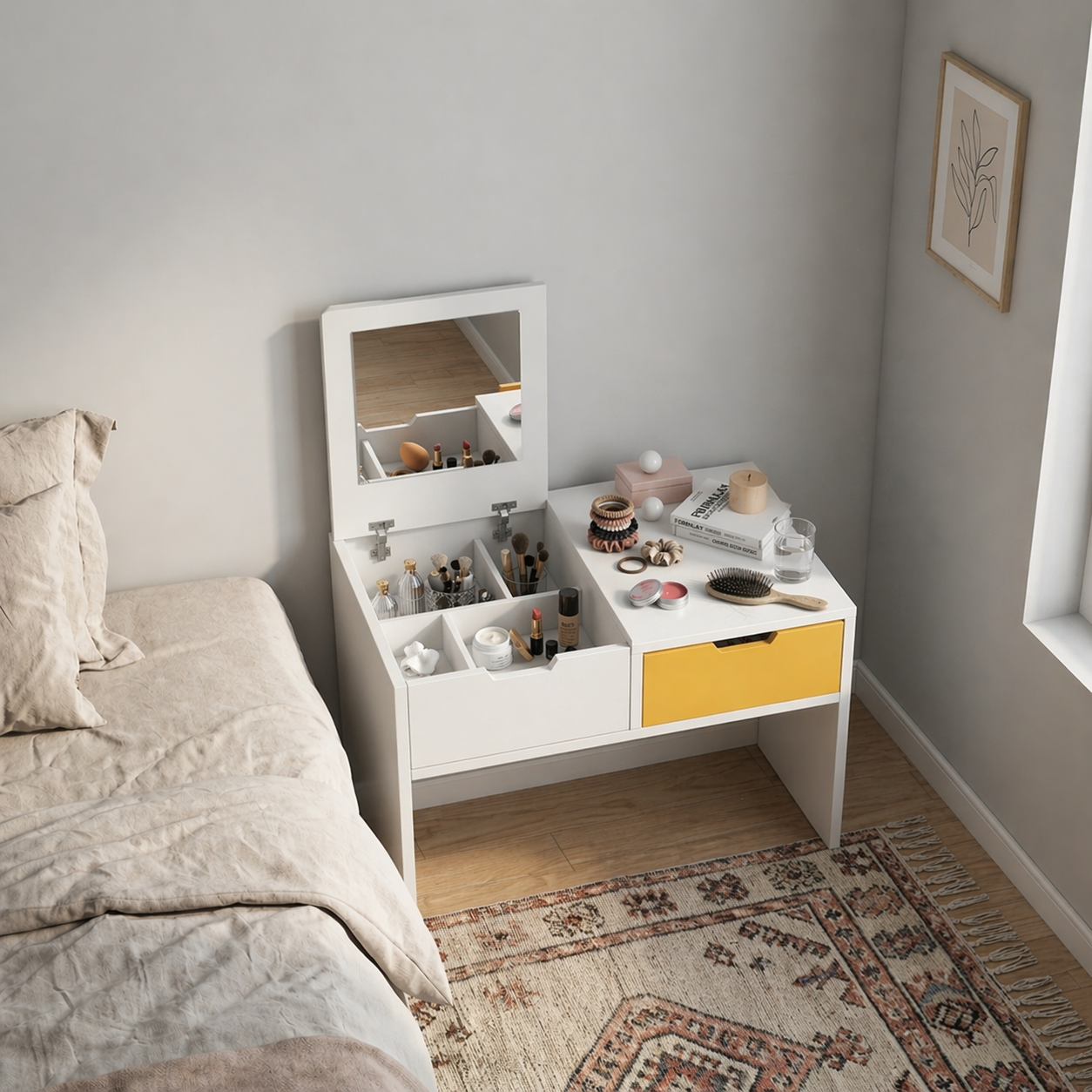 2-in-1 Floor Vanity Table & Nightstand Combo – Modern Low Profile Makeup Desk with Storage Shelf – Square Leg Bedroom Decor Organizer – Compact Dressing Table for Small Spaces