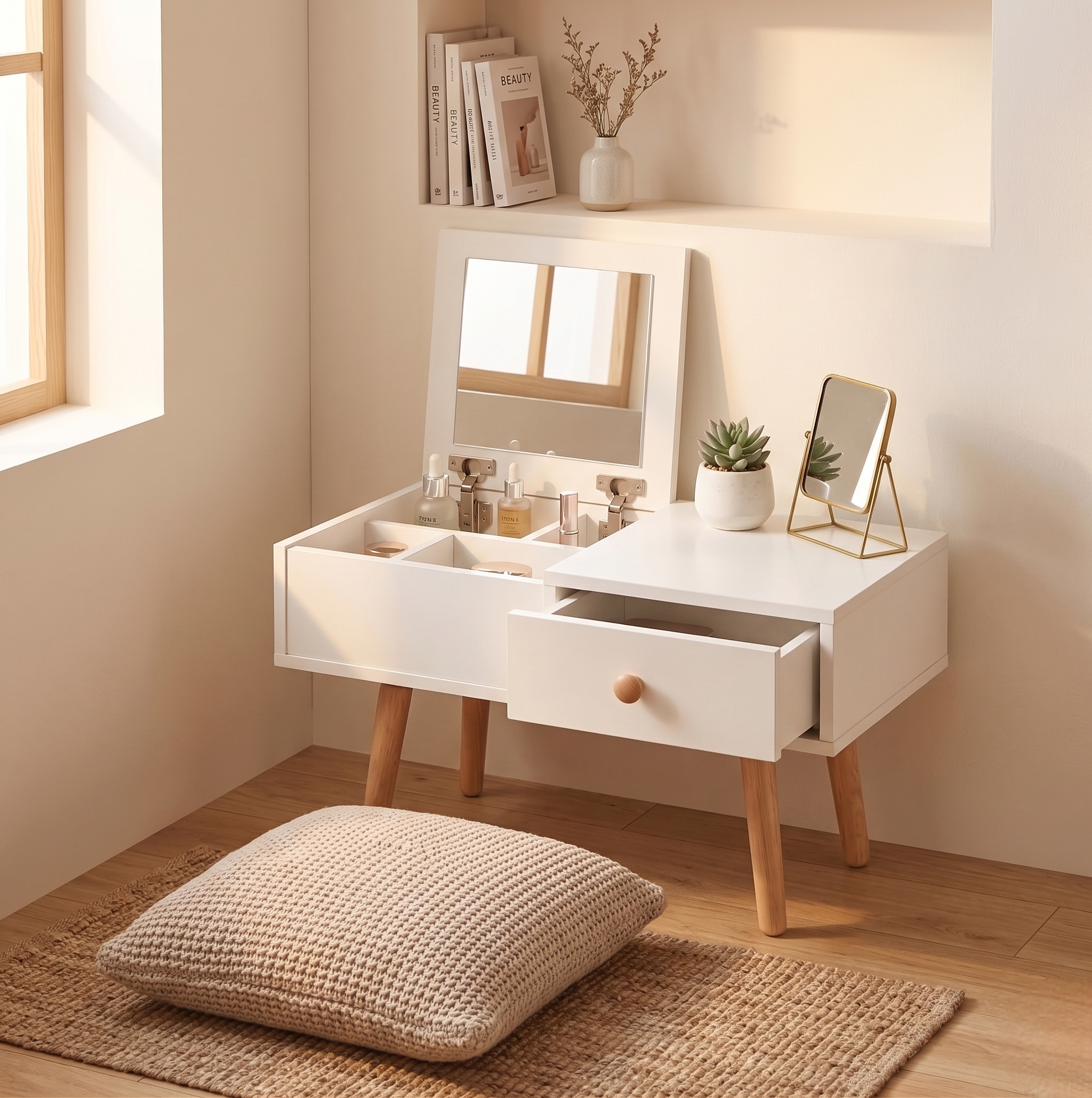 2-in-1 Floor Makeup Vanity & Nightstand – Modern Low-Profile Dressing Table with Solid Wood Legs – Compact Bedroom Storage Organizer & Bedside Tab for Small Spaces