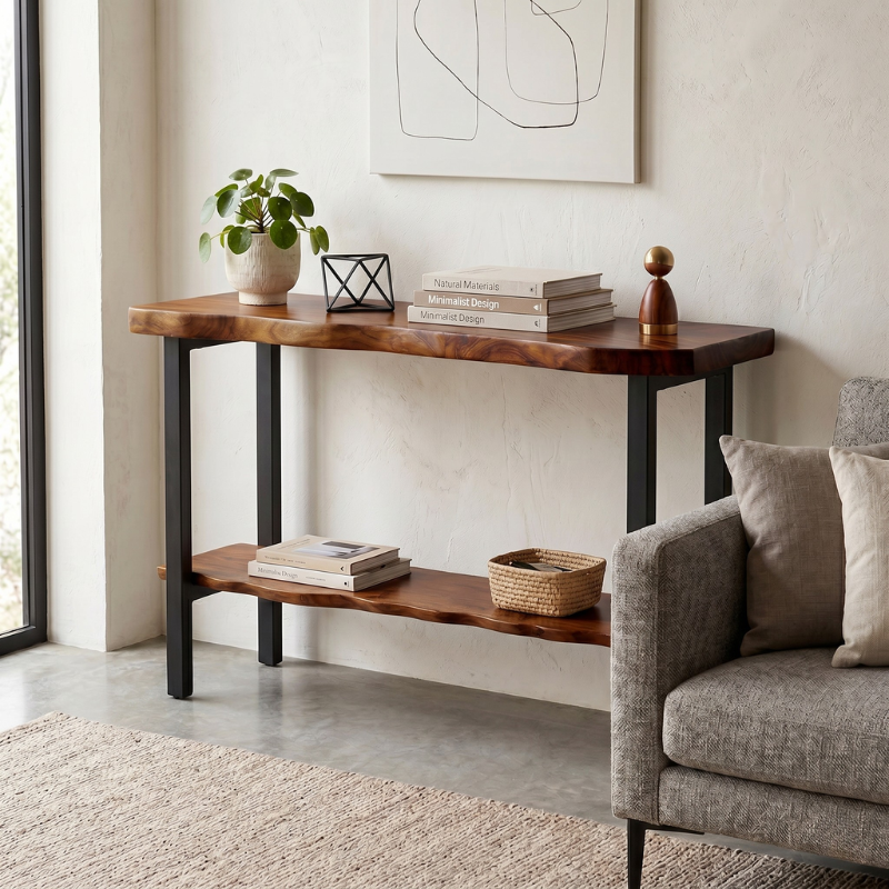 2-Tier Live Edge Solid Wood Console Table 40 Inch – 2-Inch Ultra Thick Slab Entryway Table with Storage Shelf – Modern Foyer Table with Industrial Metal Legs – Luxury Hallway & Sofa Side Table