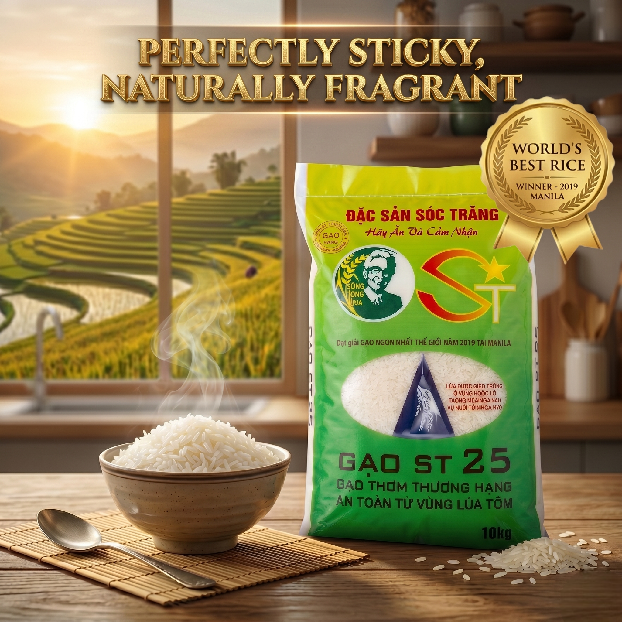 ST25 Premium Fragrant Vietnamese Rice (22 lbs / 10kg) – Premium Shrimp-Field Grown White Rice – Fragrant, Silky & Rich Flavor – Non-GMO, High Fiber, Naturally Sweet, Long Grain White Rice
