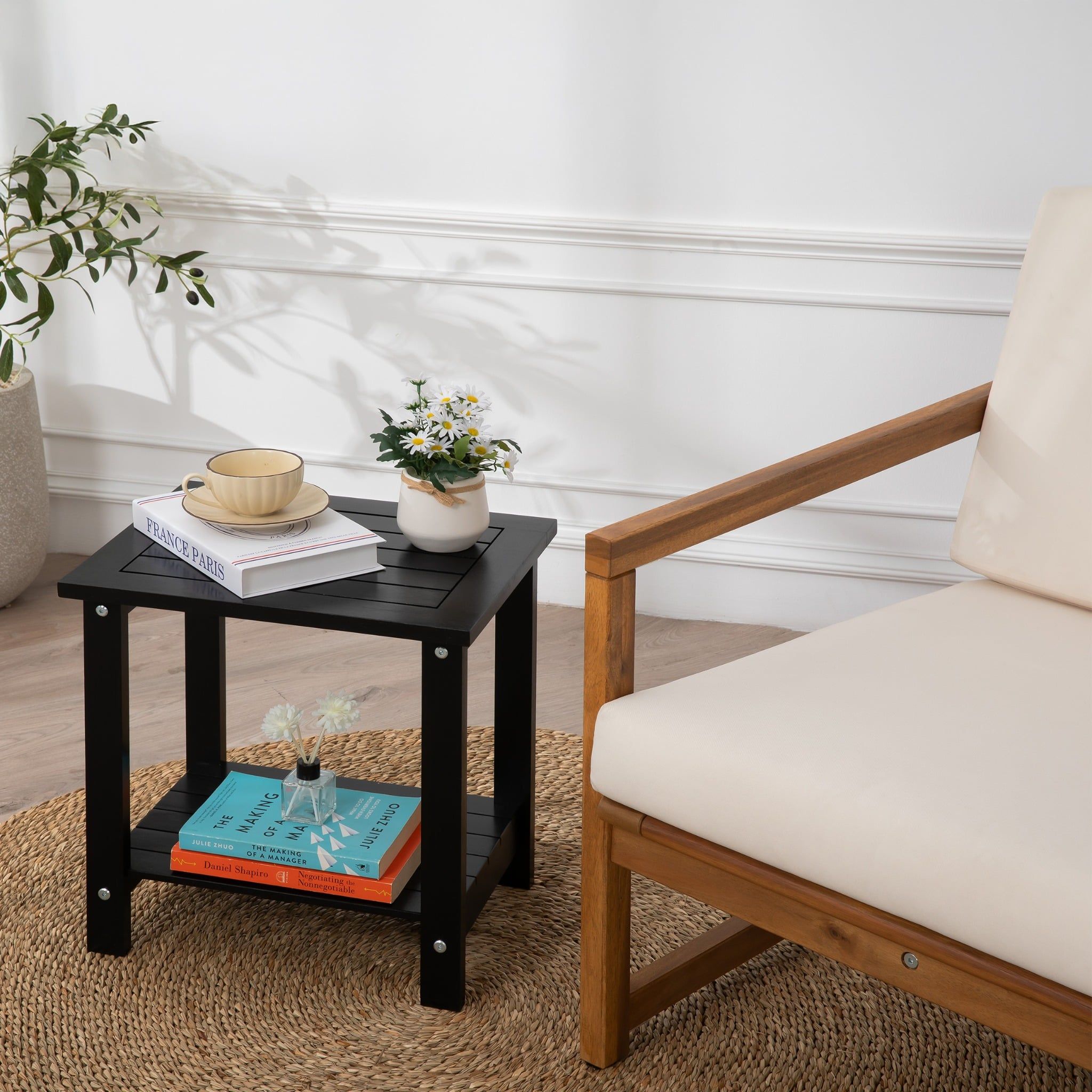 2-Tier Acacia Wood Side Table – Square End Table with Storage Shelf