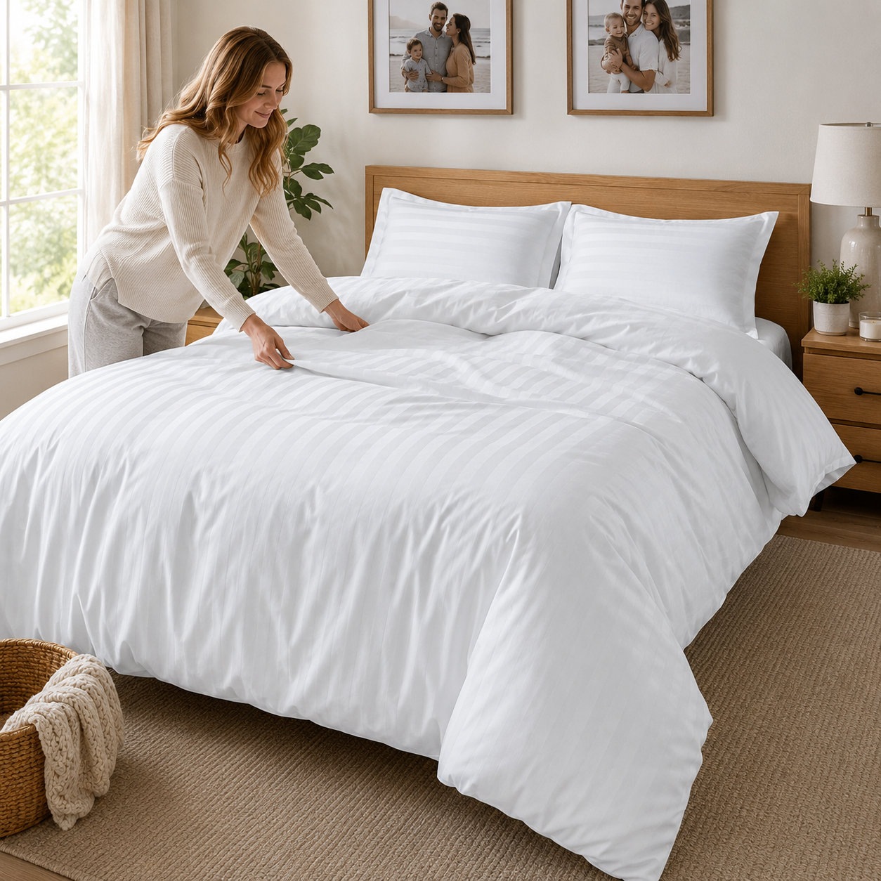 Cotton Bedding Set – 4-Piece Duvet Cover & Sheet Set, Striped White