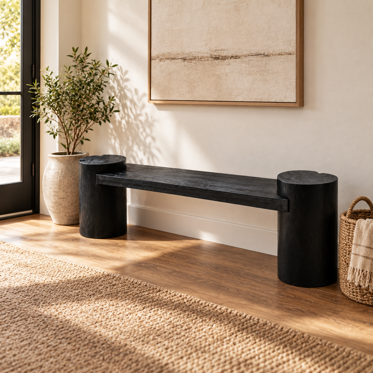 47" Black Solid Wood Bench – 2" Thick Slab Bench with Cylinder Legs