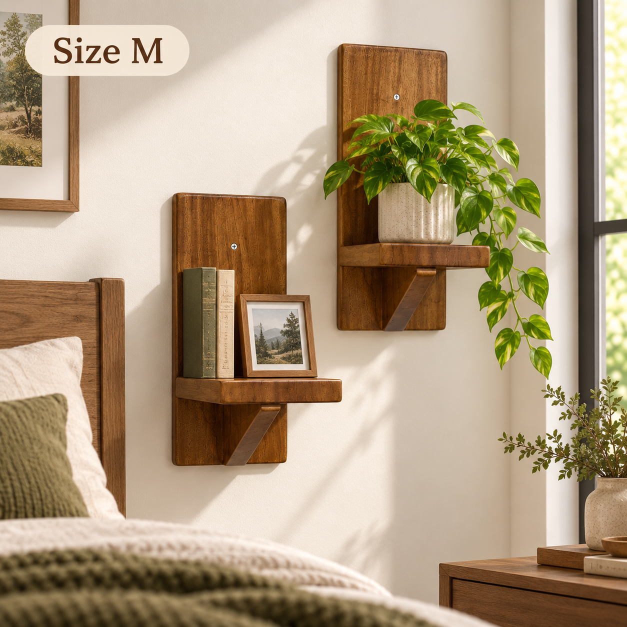 Set of 2 Wood Floating Wall Shelves – Small Rustic Decor Shelves for Plants