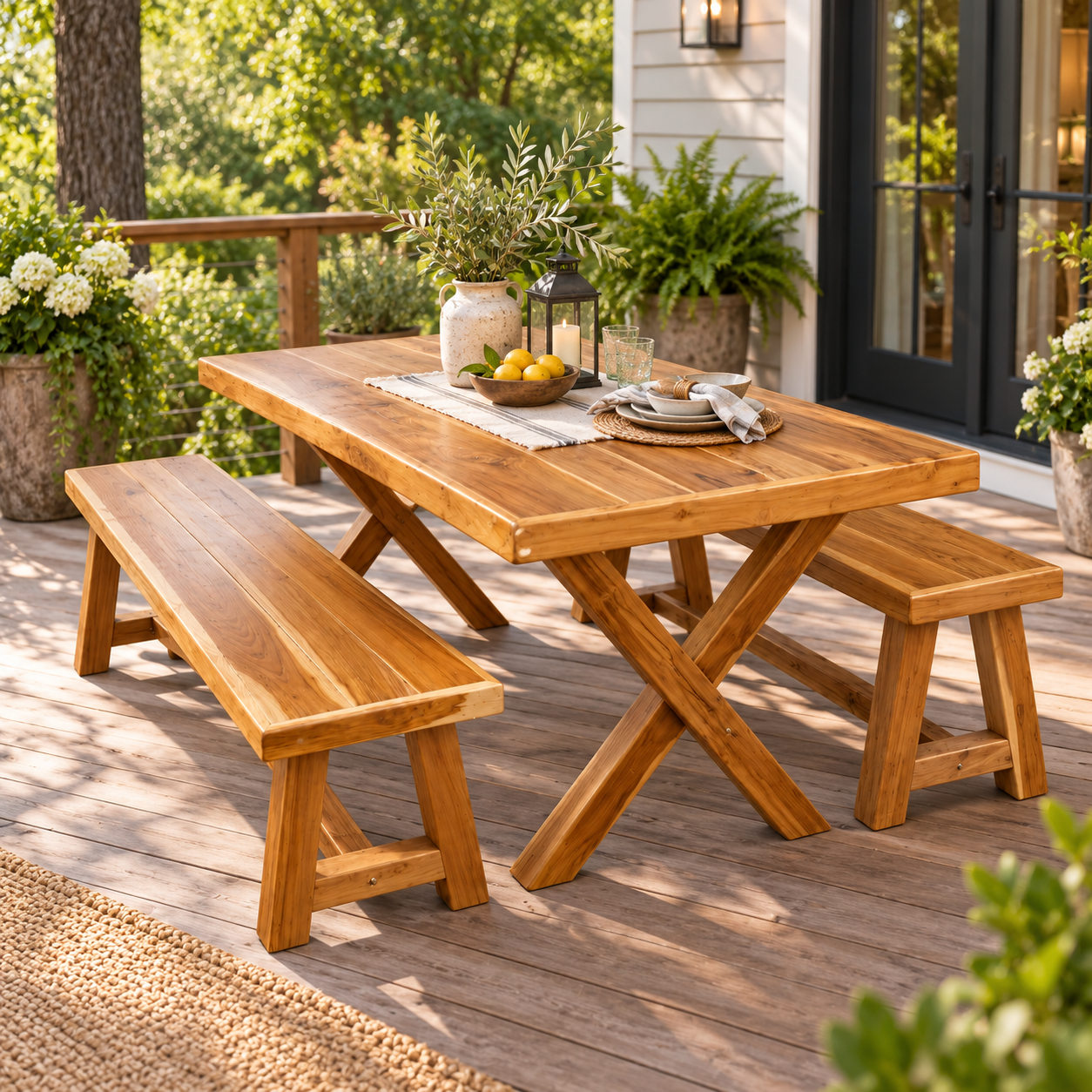 47" Teak Outdoor Dining Set – Rustic Farmhouse Wood Patio Table & Benches