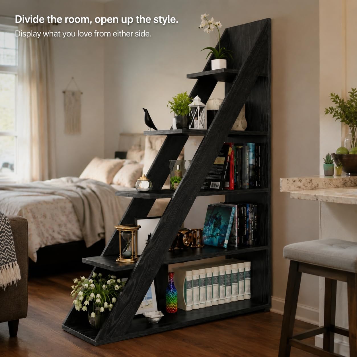 Ladder Bookshelf, 5-Tier Industrial Bookcase with Storage Shelves, Modern Room Divider Bookcase, Freestanding Display Shelf for Living Room, Bedroom, Home Office, Black Wood Grain, 39.4" W x 70.9" H