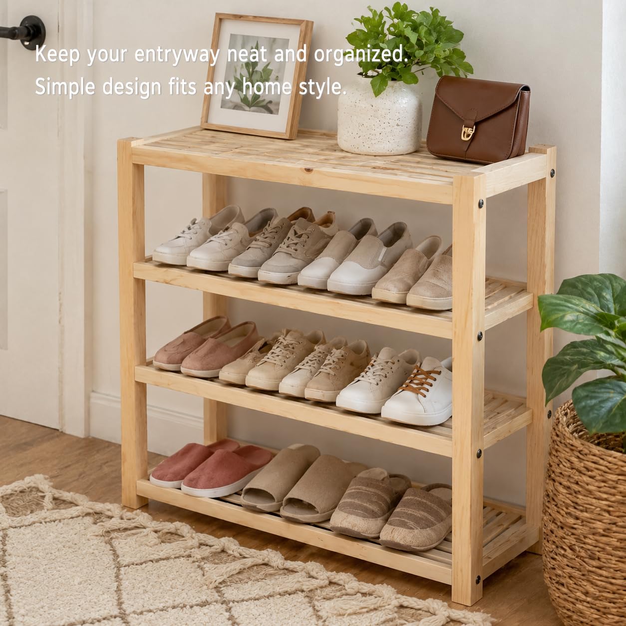 4-Tier Solid Pine Wood Shoe Rack Organizer, 19.7 Inch Entryway Shoe Storage Shelf, Freestanding Wooden Shoe Stand for Closet, Hallway, Bedroom and Living Room