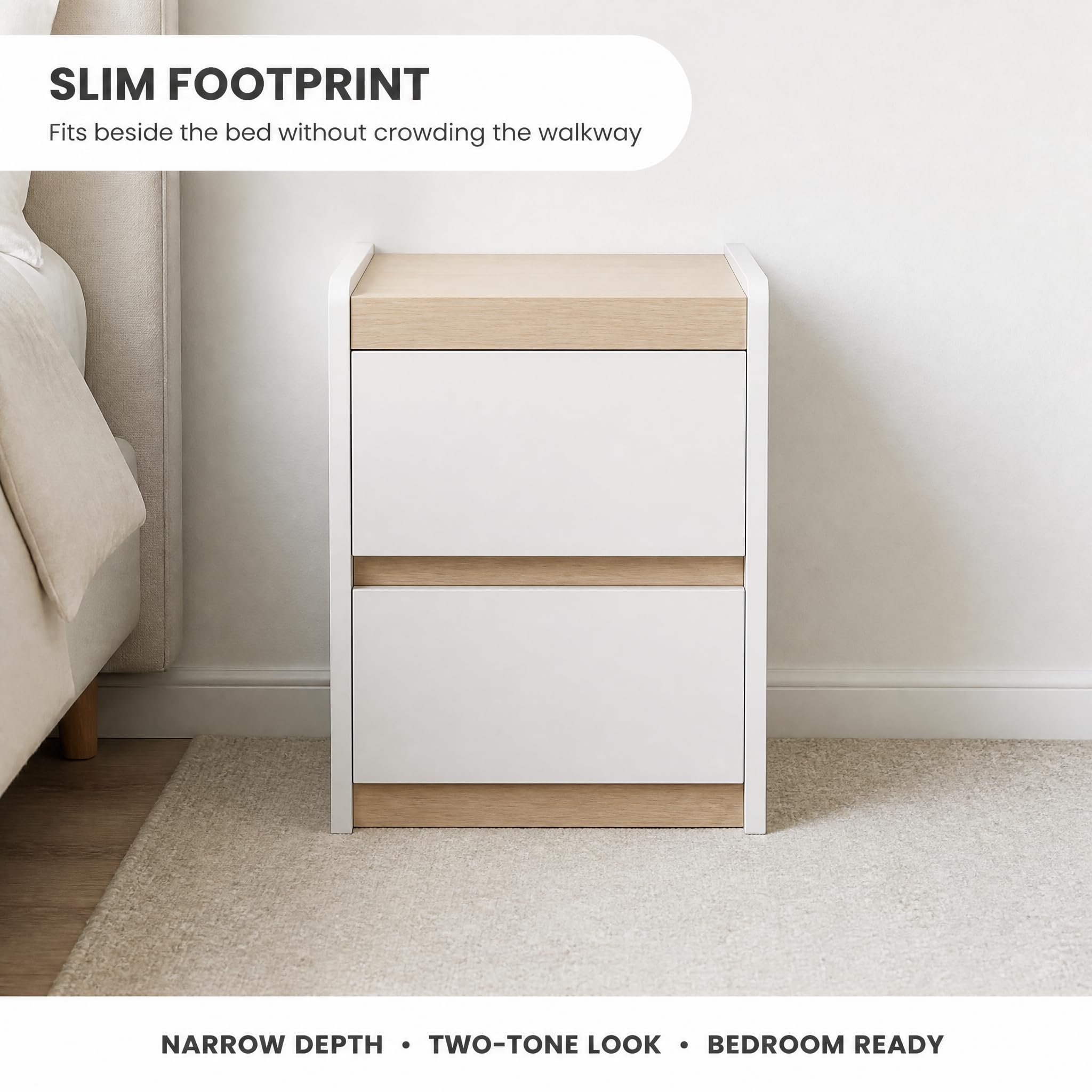 Modern Bedside Table with 2 Drawers, Fully Assembled Nightstand, Wooden End Table for Bedroom, Small Storage Cabinet with Smooth Sliding Drawers, White/Natural Wood
