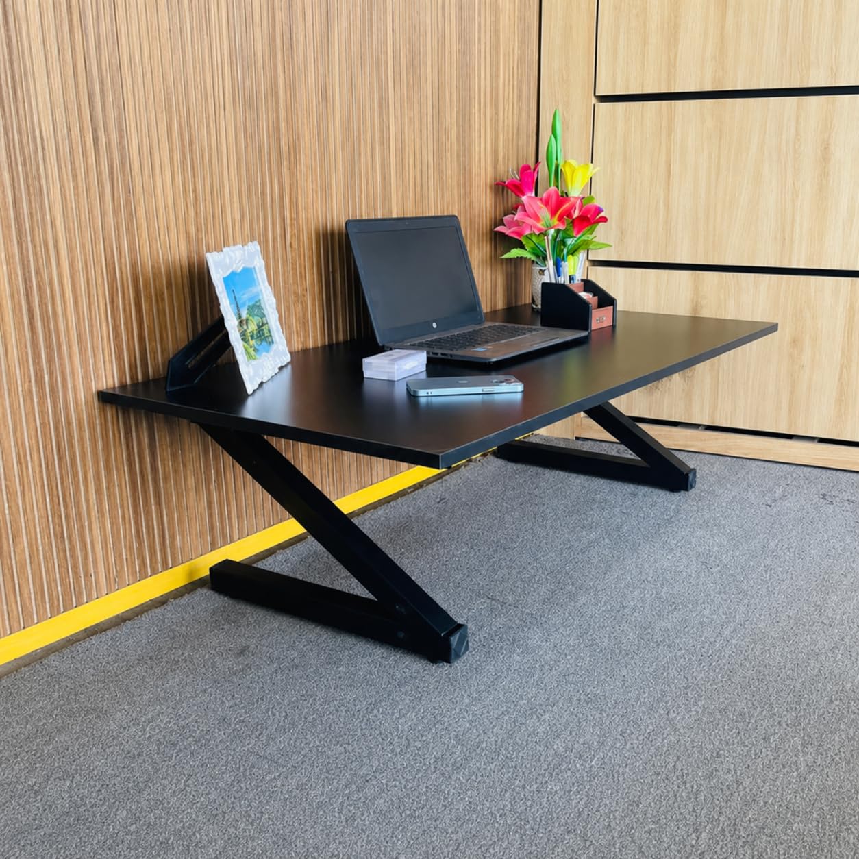 Z-Shaped Folding Floor Desk, Foldable Laptop Table for Sitting on Floor, Space Saving Coffee Table with MDF Wood Top & Metal Frame, Pre-Assembled, Black, 47.2 x 23.6 x 13.8 Inch