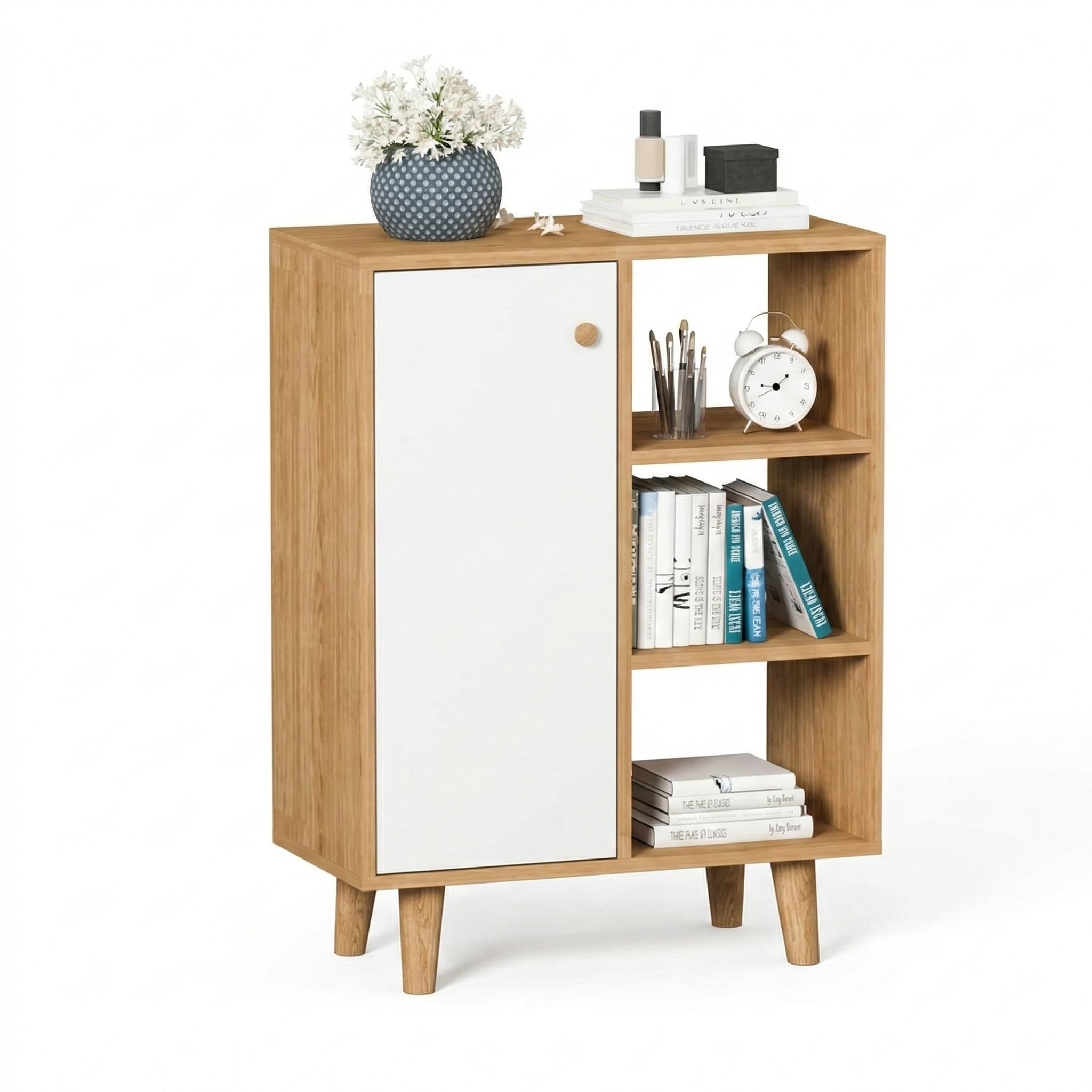 Kikbo Modern Storage Cabinet with Door and Open Shelves, MDF Wood Accent Cabinet, Freestanding Organizer for Living Room, Bedroom, Entryway, Oak and White