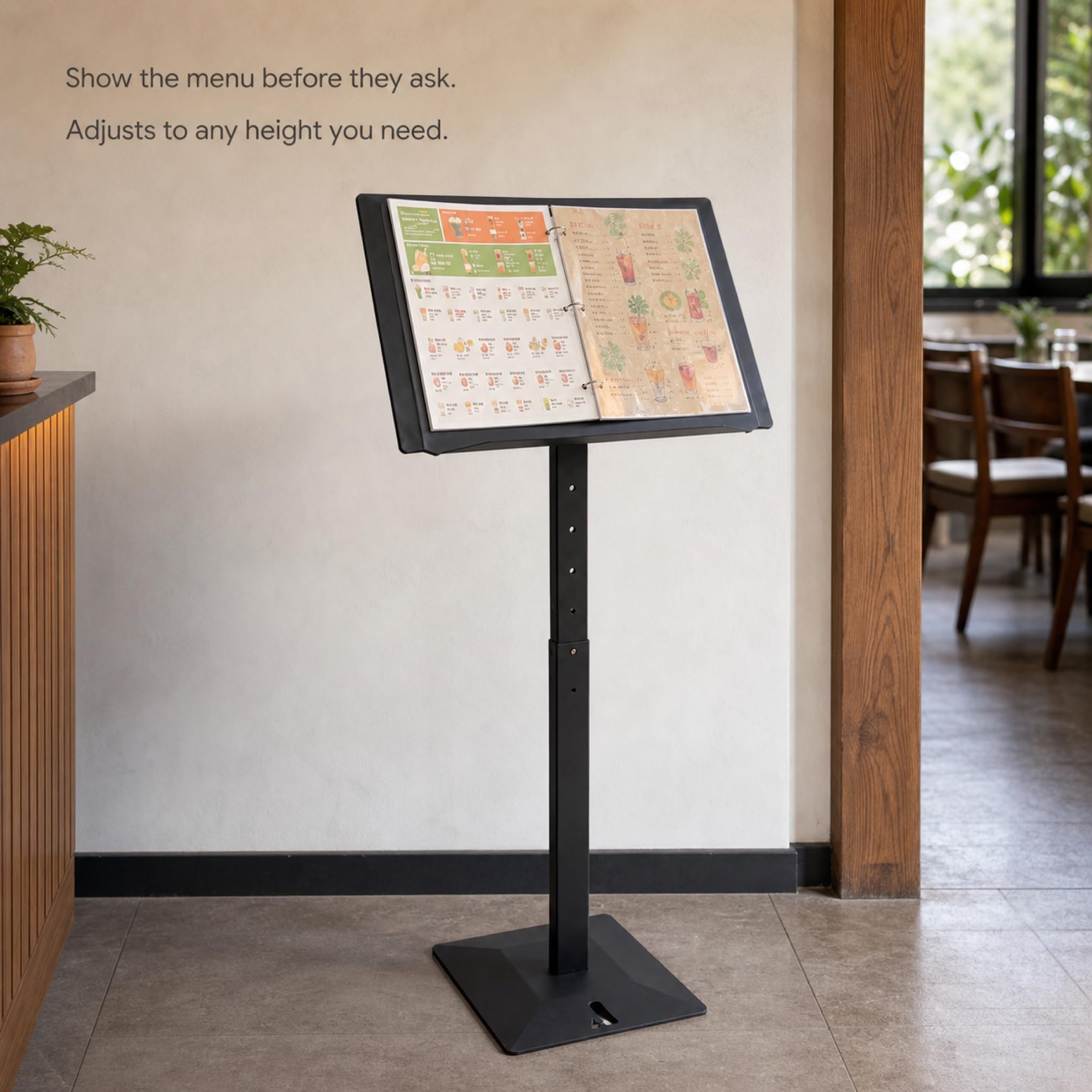 Freestanding A4 Menu Display Stand - Powder Coated Steel Sign Holder for Restaurant Cafe Retail - Adjustable Height 35 to 45 Inch - Black